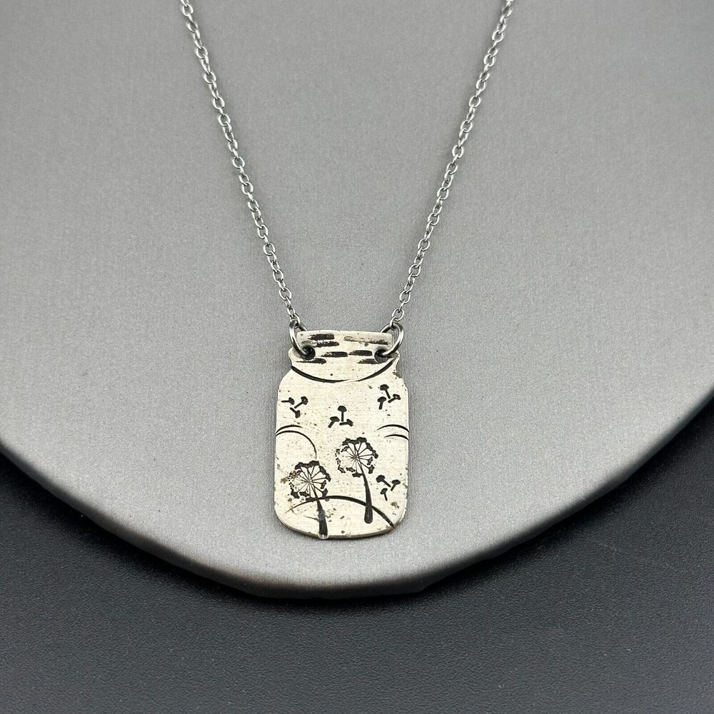Stamped Silver-tone Metal Mason Jar with Dandelions Pendant Chain Necklace 9"